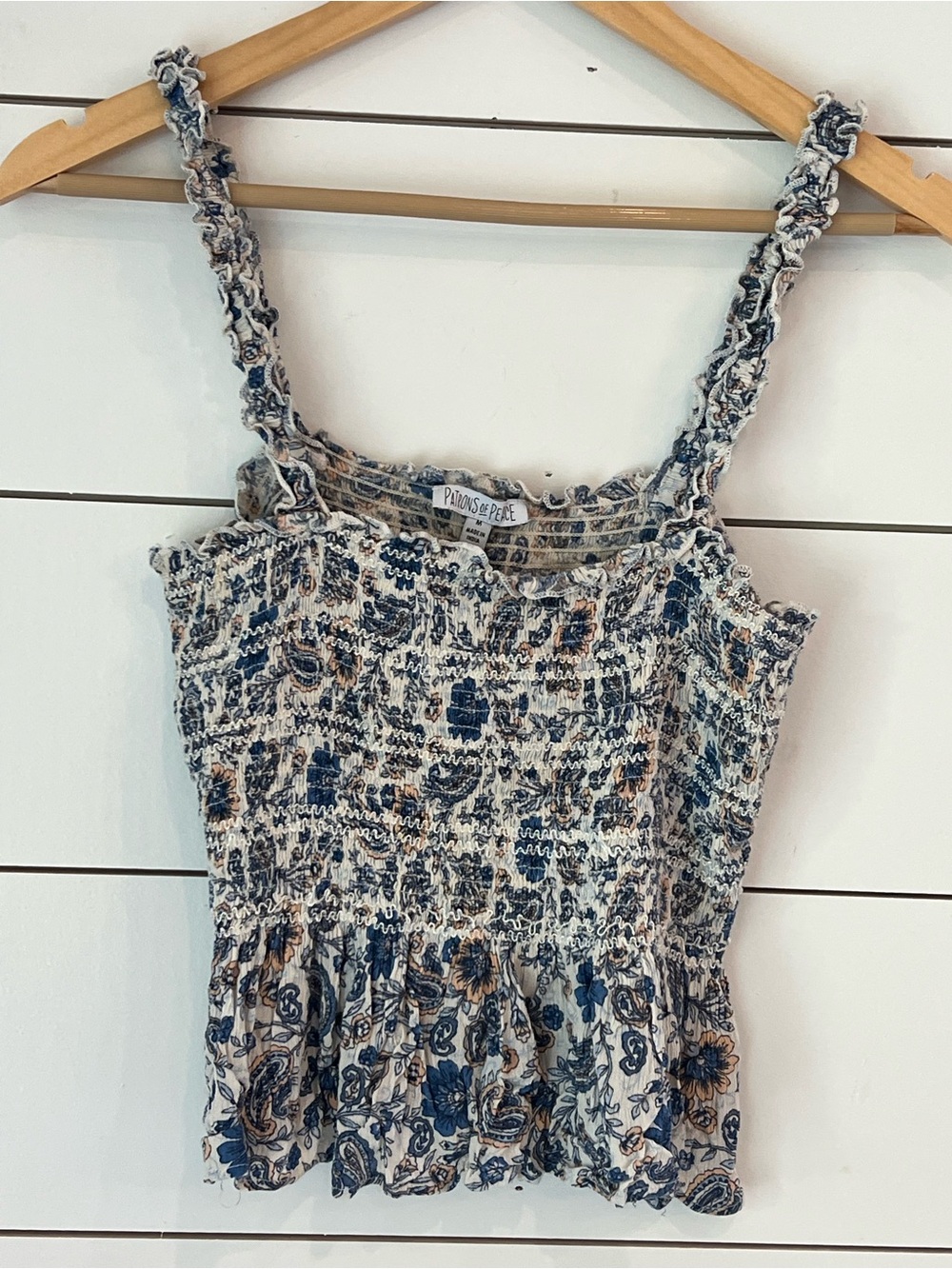Patrons of Peace Blue and‎ Cream Floral Smocked Tank